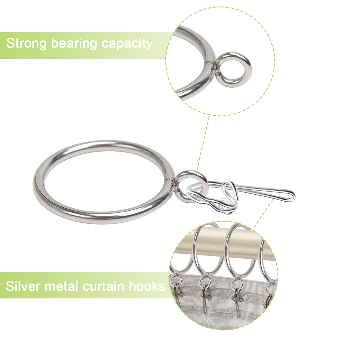 LOSYHU 50 Pack Metal Curtain Rings and Hooks, 32mm Silver Curtain Pole Rings with Metal Hooks - Image 3