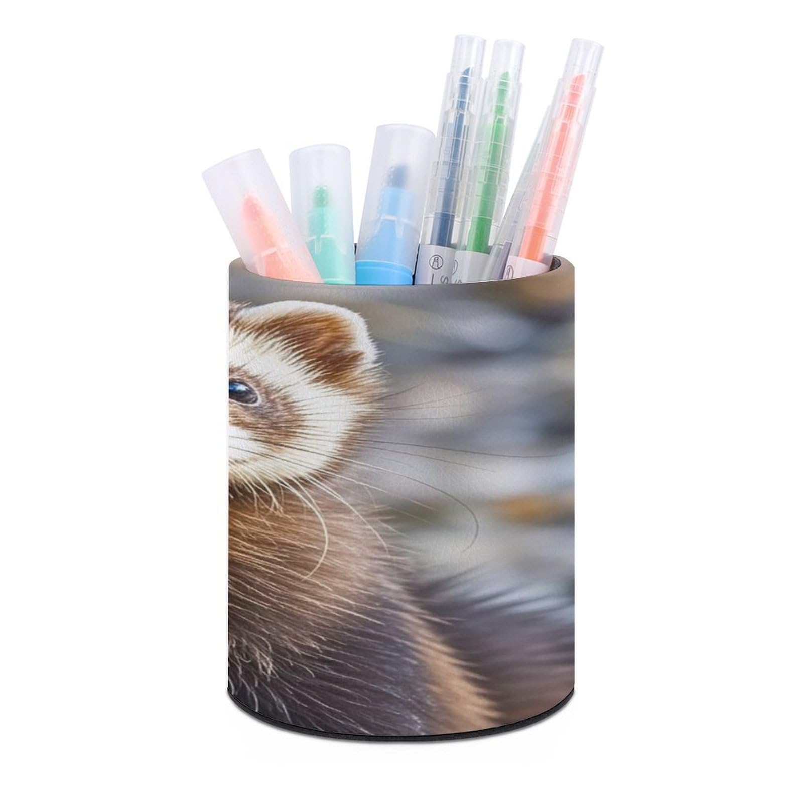 FekiLoot Round Hairy Ferret Pen Holder for Desk PU Leather Waterproof Pencil Cup Stand Minimalist Makeup Brush Storage Organizer Desktop Stationery Container Accessorires
