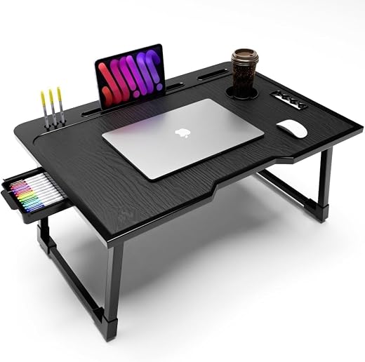 Mini Laptop Table for Bed Foldable Wooden Smart Study Table with Drawer New Kids &amp; Adults (US Black Mold COTED)
