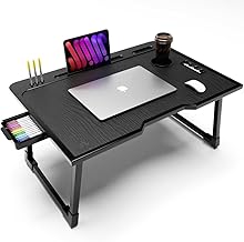 Mini Laptop Table for Bed Foldable Wooden Smart Study Table with Drawer New Kids &amp; Adults (US Black Mold COTED)