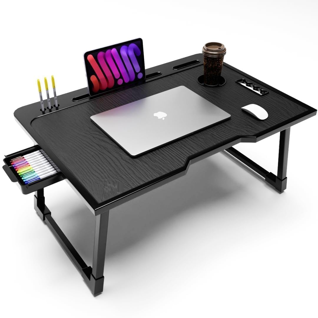 Mini Laptop Table for Bed Foldable Wooden Smart Study Table with Drawer New Kids & Adults (US Black Mold COTED)-image-8