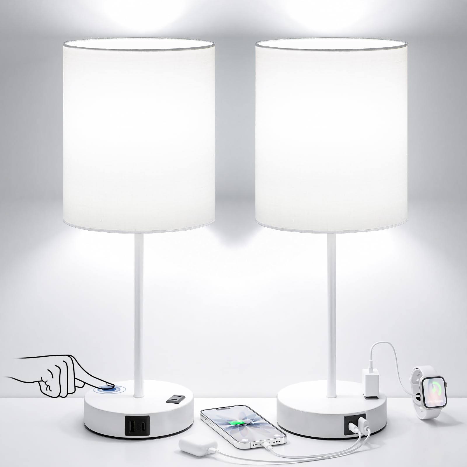 White Touch Lampen für Nachttisch 2er Set - Nachttischlampe für Schlafzimmer mit Dual-USB-Anschlüssen & AC-Steckdose, 3-Wege-Dimmbare Lampen für Wohnzimmer Jungenzimmer, Nachtlicht mit 5000K