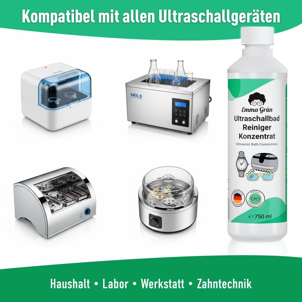 Emma Grün® Ultraschallreiniger Flüssigkeit 5 x 750 ml – Konzentrat für Brillen, Schmuck & Dentalgeräte – für Ultraschallgeräte (5)