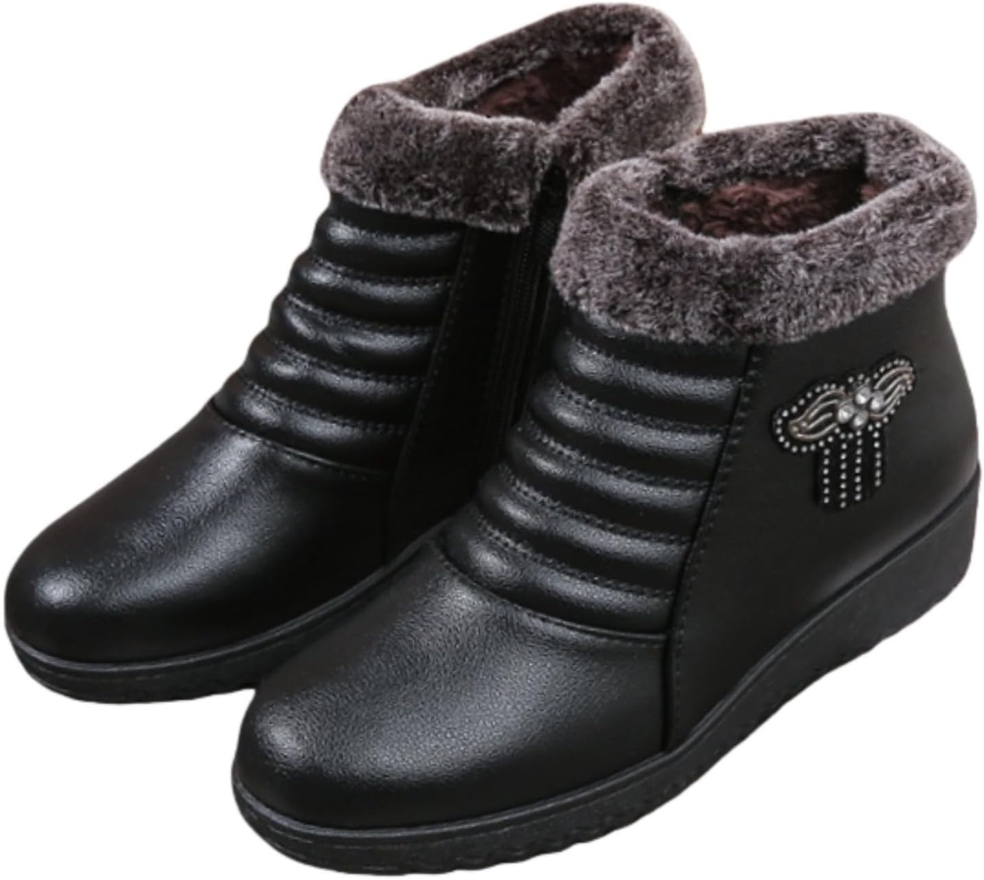 Women's Mama Short Snow Boots Winter Fur Lined Non-Slip Soft Sole Side Zipper Lightweight for Outdoor Walking Camping