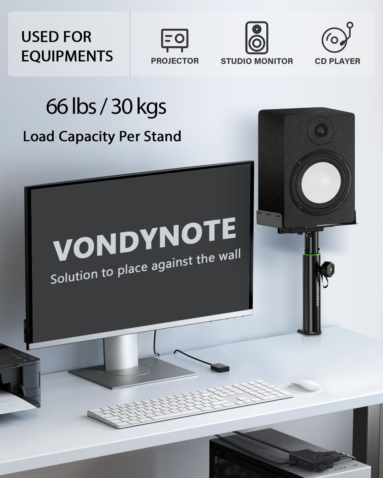 Vondynote 2 Stück Dual Side Klemm-Studio Monitor Ständer Desktop Klemme Lautsprecher Ständer Höhenverstellbar gegen die Wand Ausziehbare obere Platte Montage durch Schrauben