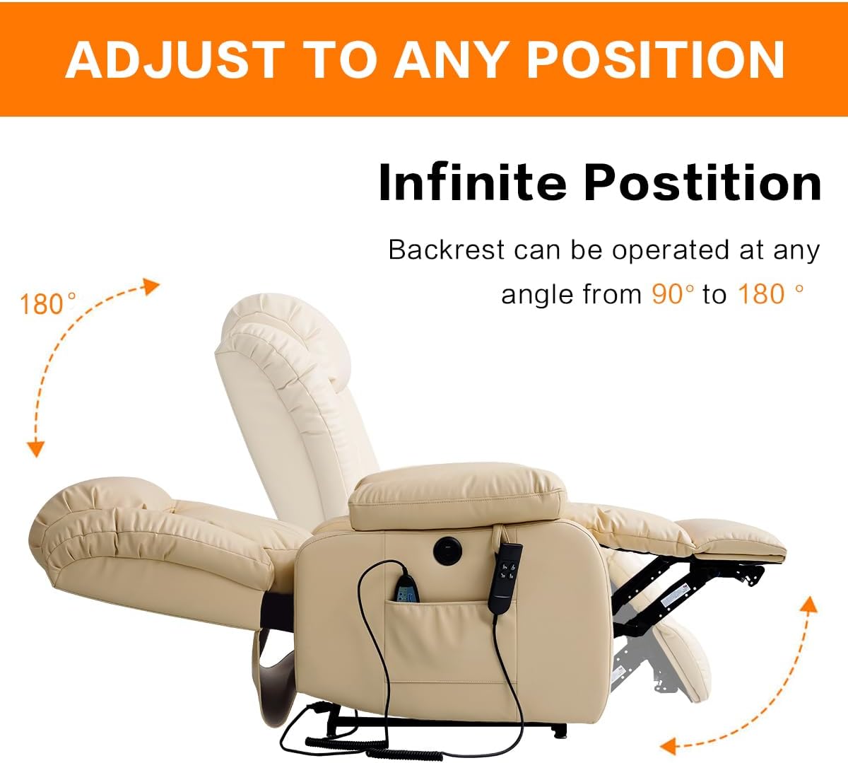 COCOLHOME Infinite Position Power Lift Chair Lay Flat Recliner Dual Motor Sleeper Chair with Massage and Heating for Elderly, USB Ports and Remote Control, Genuine Leather(Beige)