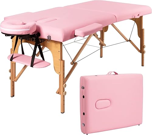 Giantex Mesa de masaje portátil con pestañas, cama de masaje de 2 pliegues, cama de spa de altura ajustable con base facial y funda de transporte,