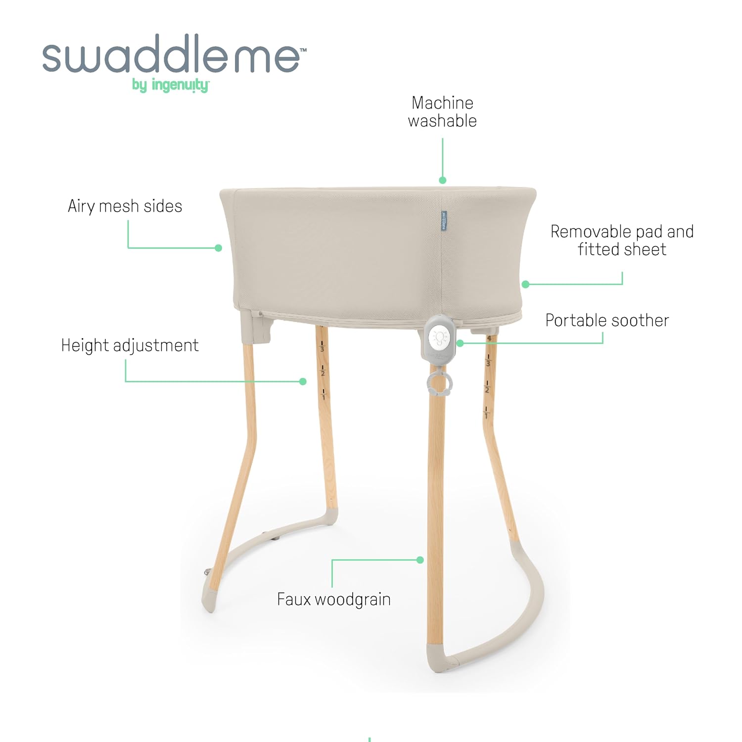 Ingenuity Right Height Adjustable Bassinet – C‑Section Friendly 4-Position Height, Breathable Mesh Sides, Soothing Sounds & Lights | Adjustable to you