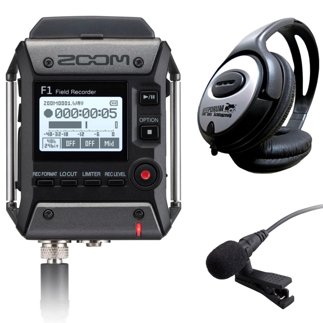 Zoom F1-LP - Grabador de campo con micrófono de lavalier y auriculares keepdrum