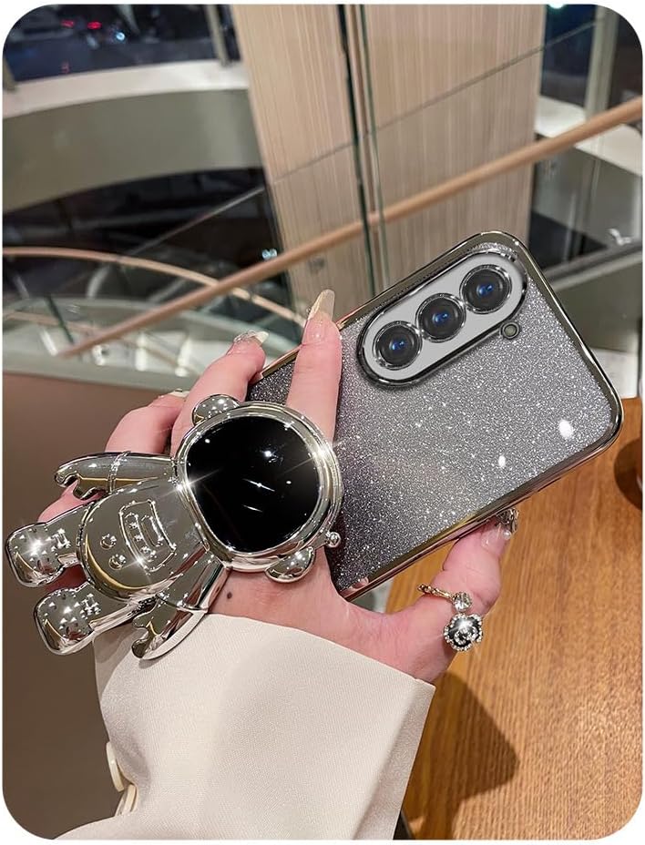 Miniatura 2 de Funda para Samsung Galaxy S24 con soporte de astronauta oculto, S24, carcasa para teléfono S24, capa de purpurina chapada en TPU suave transparente,