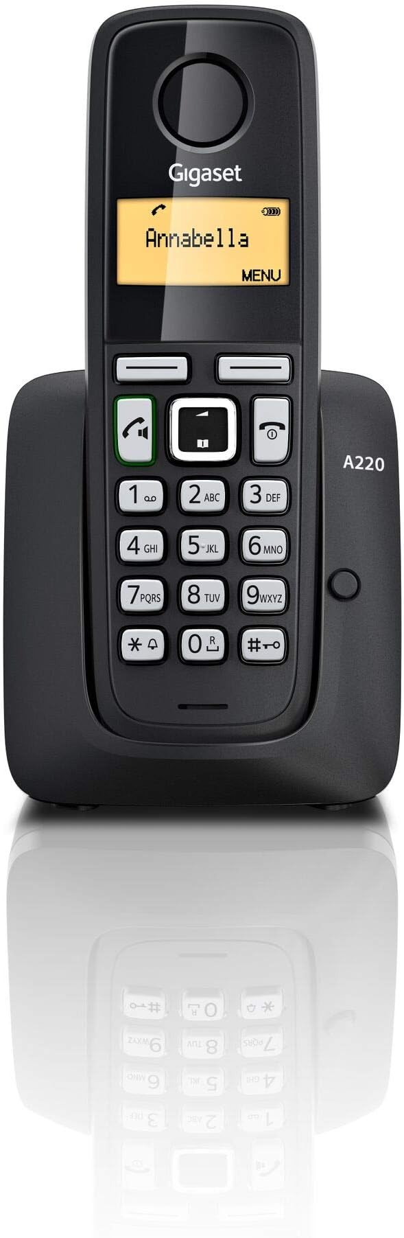 Gigaset A220 Cordless Phone with 18 Hrs Talk Time,200 Hrs Standby,50M Indoor & 300M Outdoor Range,Speakerphone,80 Contact Storage,Made in Germany for Home&Office, DECT,Hands Free,A220 Black