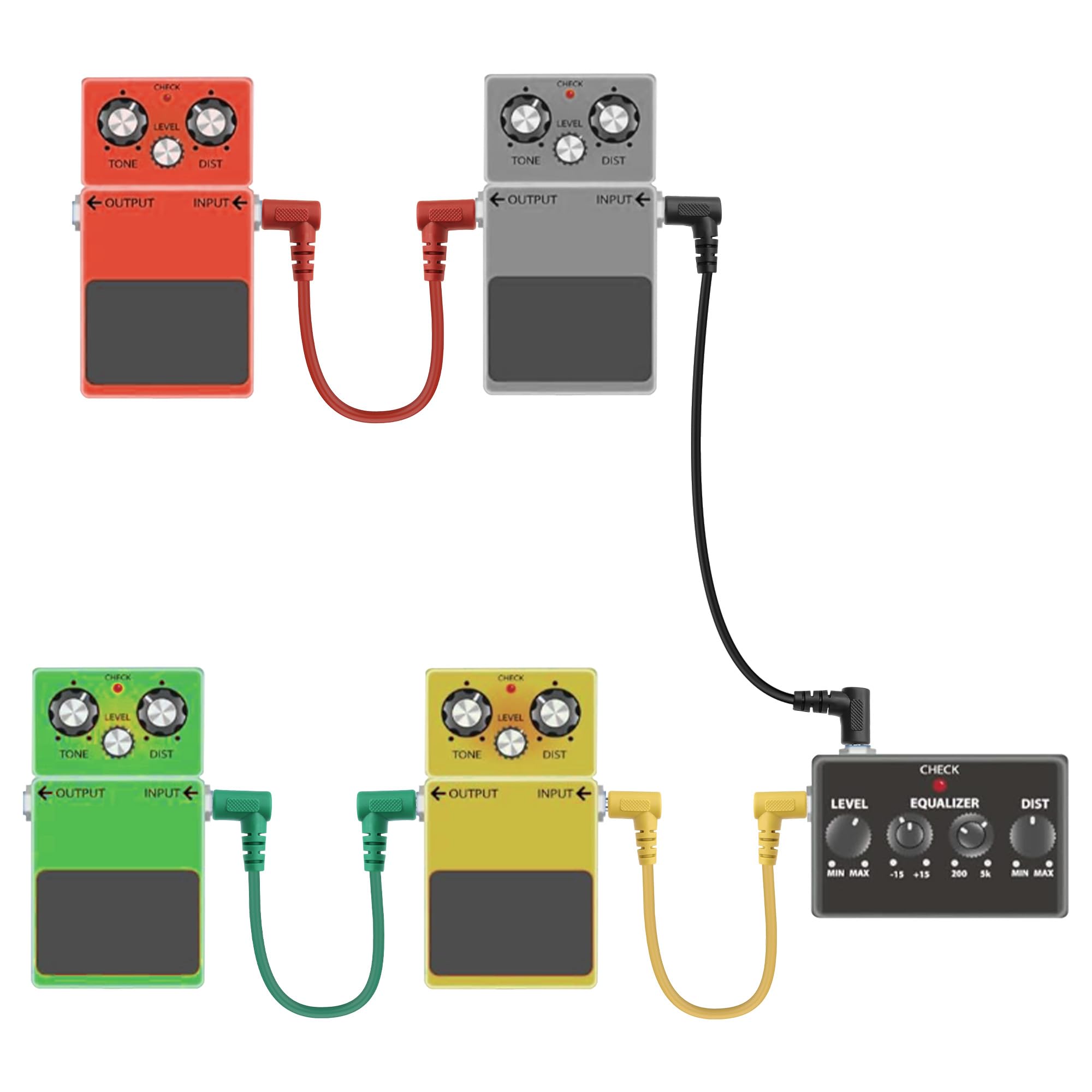 XMSJSIY Lot de 6 paquets de câbles patch pour guitare basse 6,35 mm 1/4" TS mâle vers fiche coudée droite Câble auxiliaire pour guitare basse Instrument 25 cm