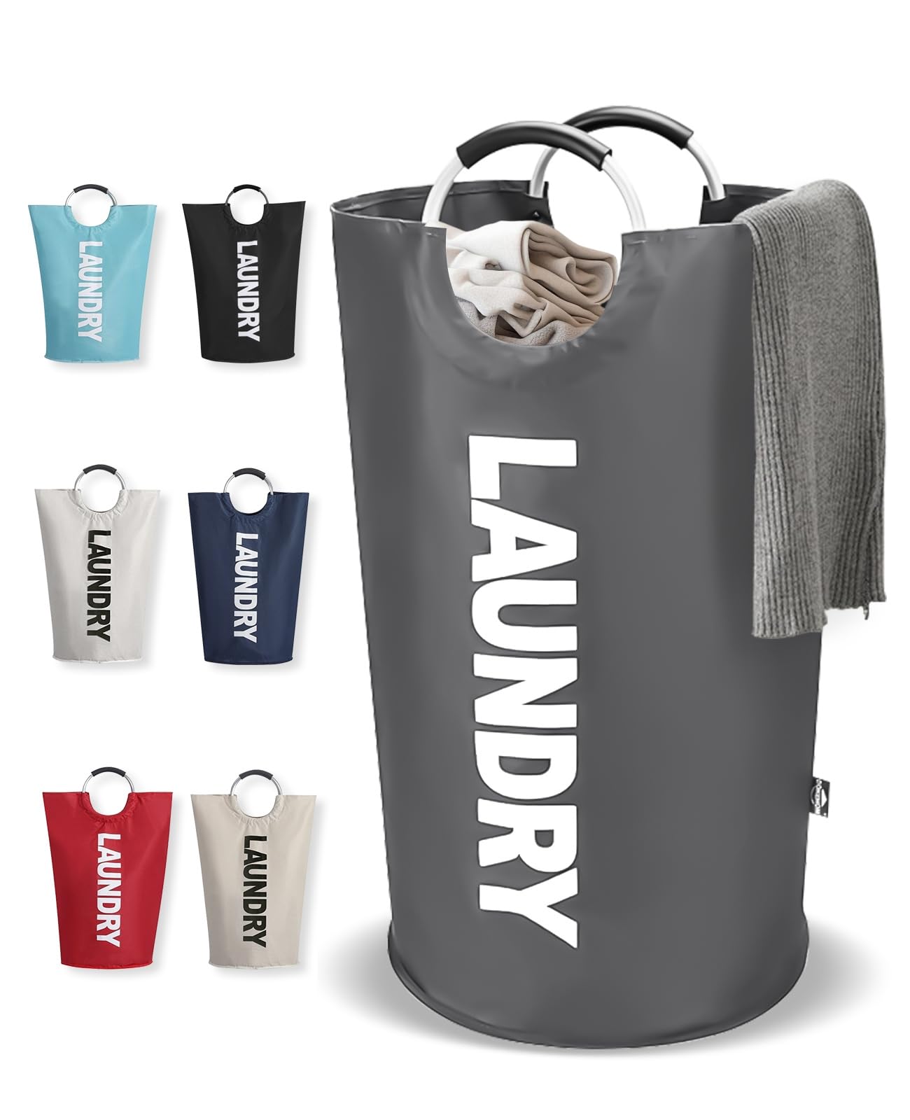 90L Large Laundry Basket, Collapsible Laundry Hamper with Aluminium Handles, Waterproof Oxford Fabric Freestanding Tall Laundry Bag, Dirty Clothes Bin (Dark Grey, 90L)