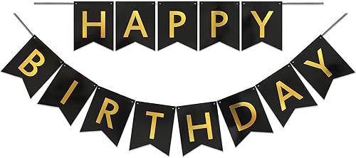 LITAUS, Cartel de feliz cumpleaños negro y dorado, preencordado, de 9 pies, sin bricolaje, decoraciones de cumpleaños, letrero de feliz cumpleaños