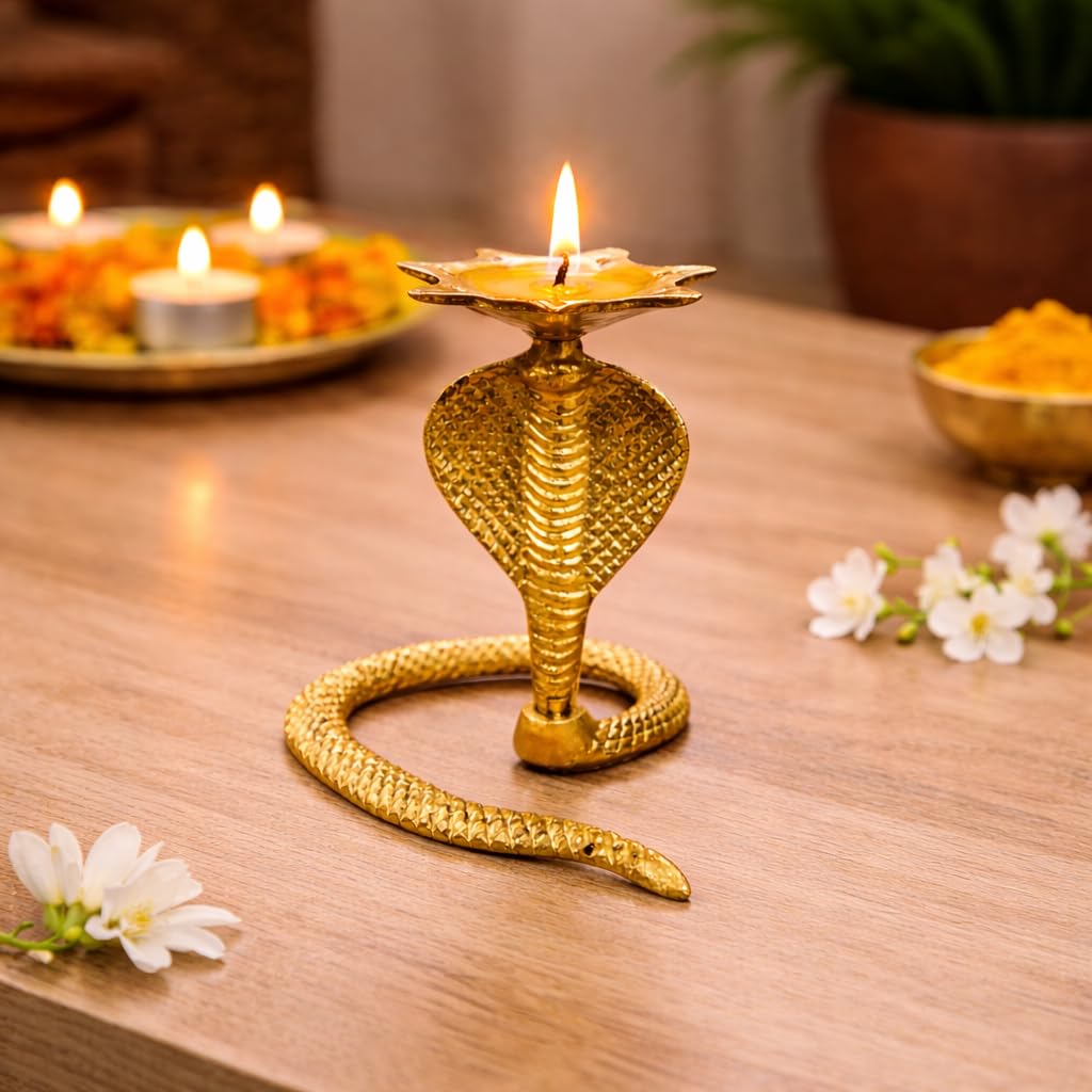 Brass Snake Diya Oil Lamp – Decorative Puja Deepak for Home Mandir, Cobra Diya for Aarti, Hindu Religious Decor for Diwali & Festive Gift.-picture-57