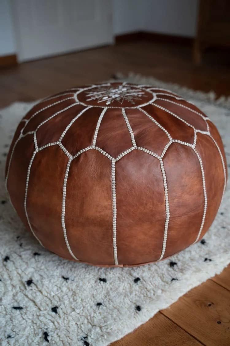 Premium Moroccan Leather Pouf - Handmade - Delivered Stuffed - Ottoman, Footstool, Floor Cushion (Cognac Brown)