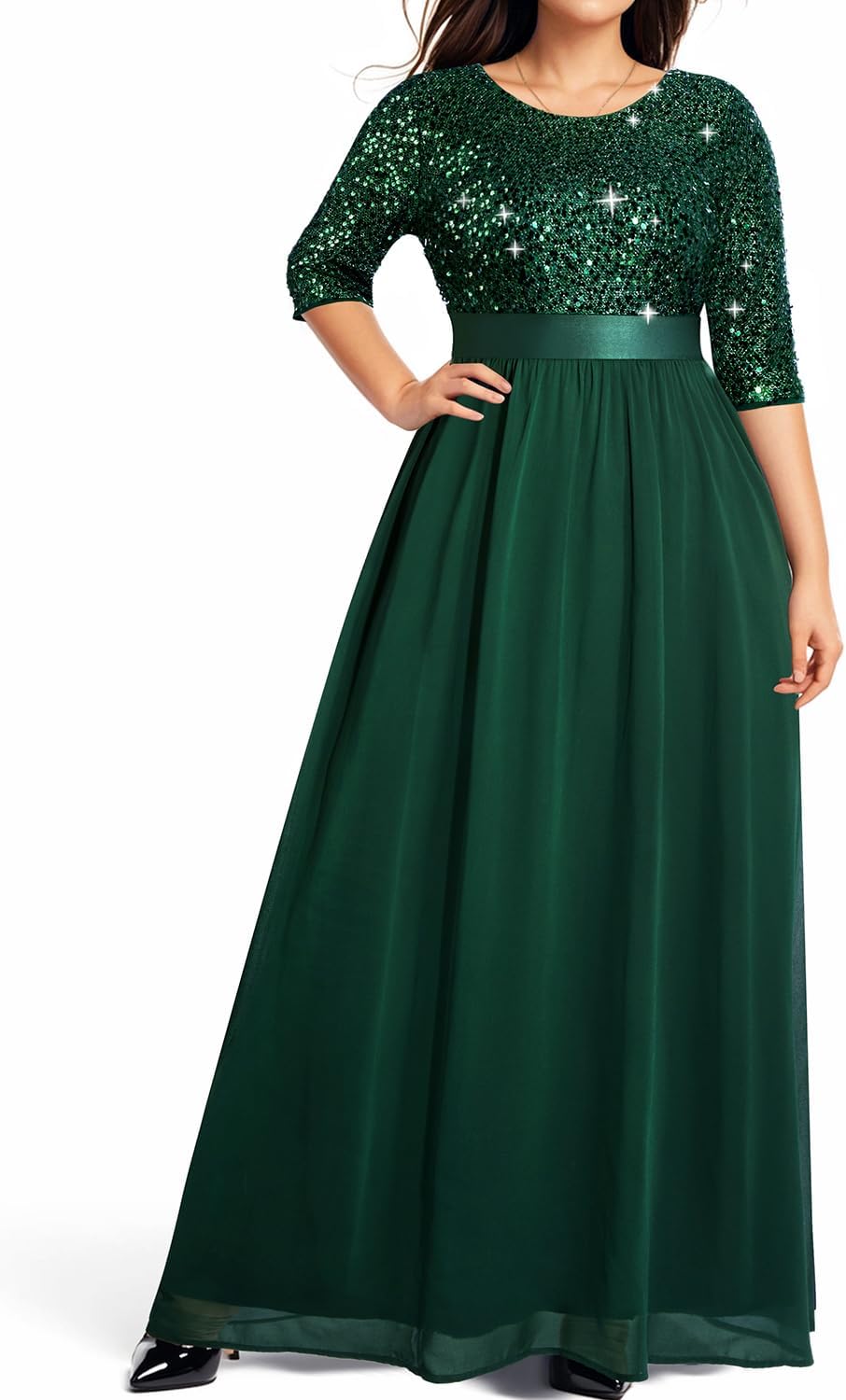 Plus Size Formal Dresses - Women Evening Gown Lace 3/4 Sleeve Wedding Bridesmaid Chiffon Maxi Long Dress