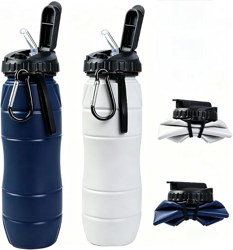 Botellas de agua plegables de 22 oz con pajita, paquete de 2 viajes (azul+gris claro) | Silicona de 650 ml, portátil plegable, a prueba de fugas, ultraligera, sin BPA, para viajar, acampar, senderismo, ciclismo, deportes al aire libre