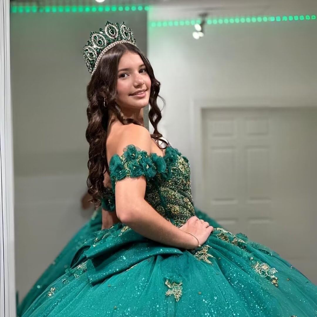 XYAYE Off Shoulder Quinceanera Dresses Ball Gown Sparkly Tulle Sweet 15 16 Dresses Puffy Lace Beaded Prom Dress with Bow