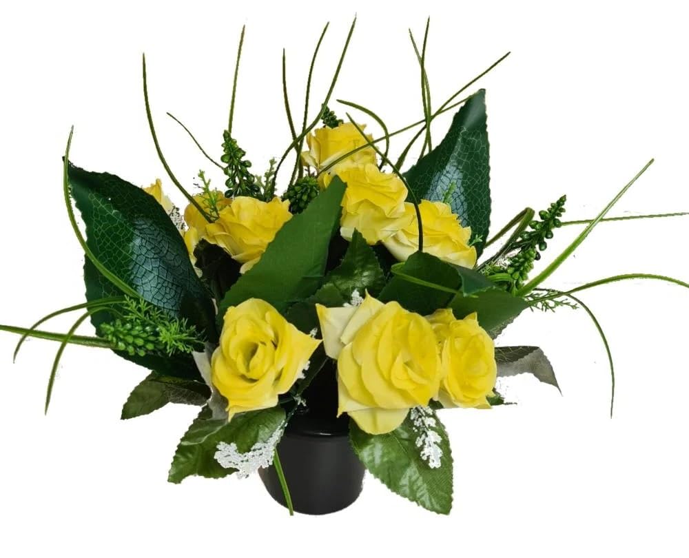 Inerra Yellow Cemetery Grave Flower Pot - Artificial Flowers With Roses