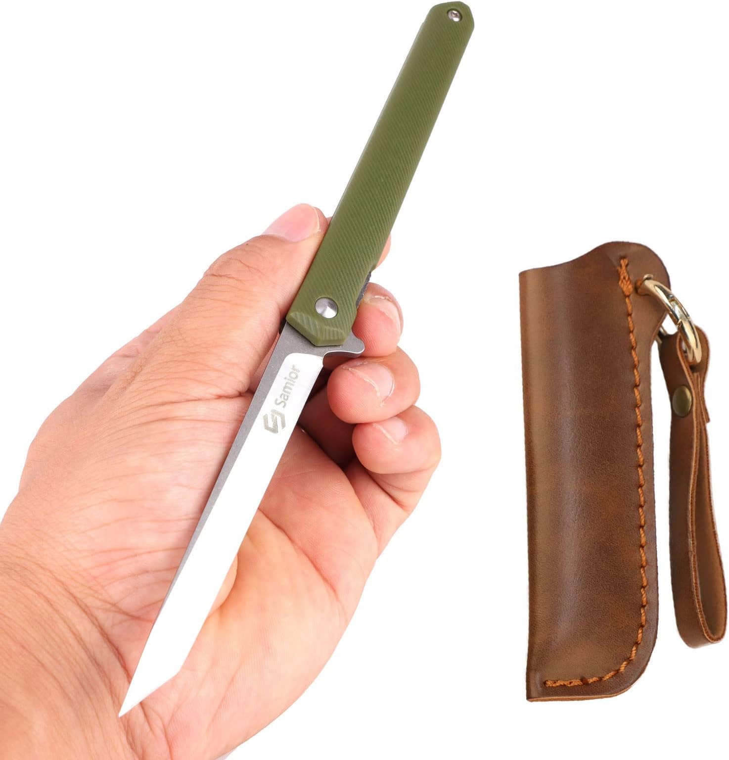 Samior GA035 Small Slim Folding Pocket Flipper Knife, 3.5 inches 5CR13 Tanto Blade, ABS Handle With Liner lock Pocket Clip, Low Profile Gentleman's EDC Knives 1.3oz, Army Green
