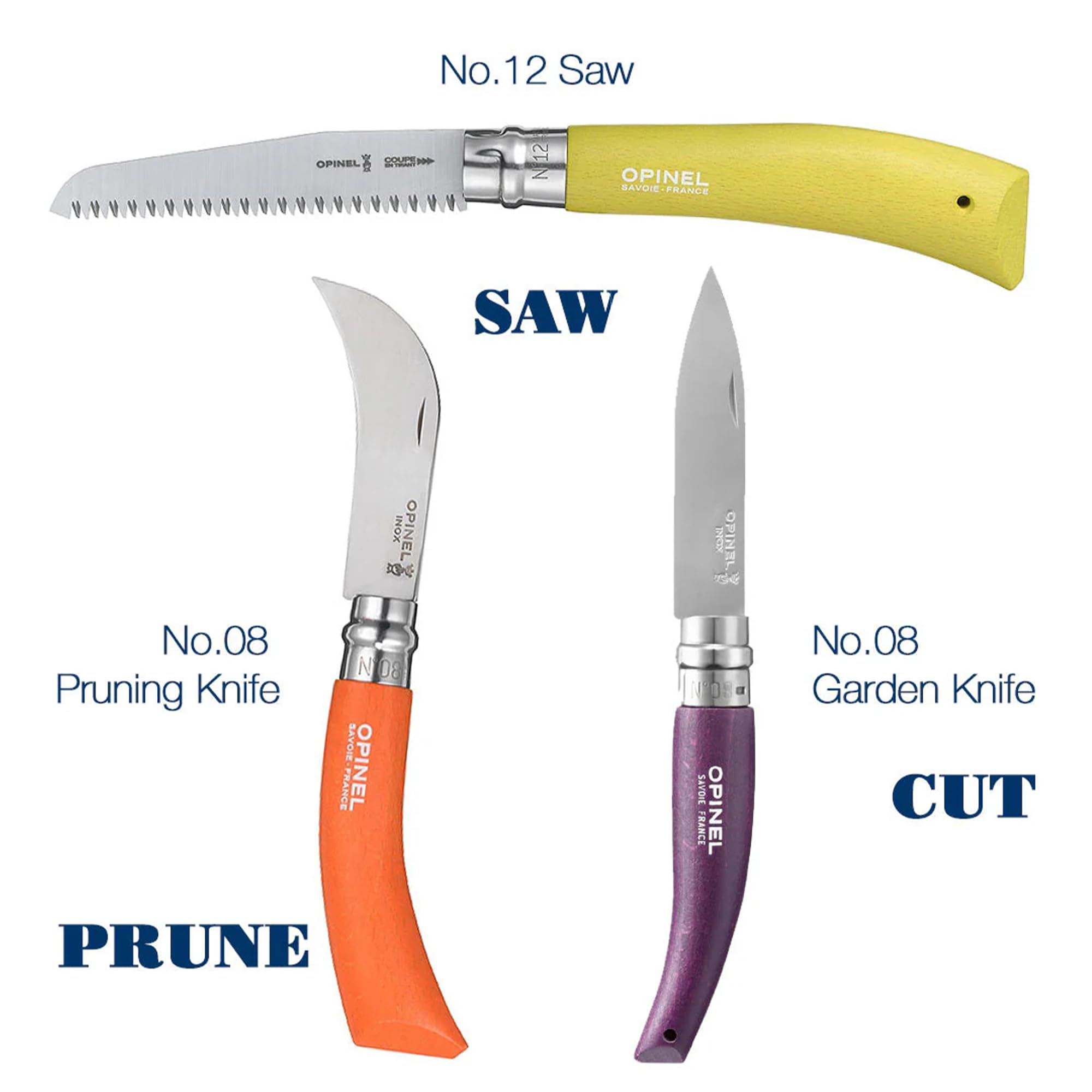 Opinel - Kit de Jardinage - 3 Outils de Poche, 1 Couteau de Jardin, 1 Serpette-Greffoir N°08 et 1 Scie Fermante N°12 - Lame Acier Inox, Manche Bois de Hêtre