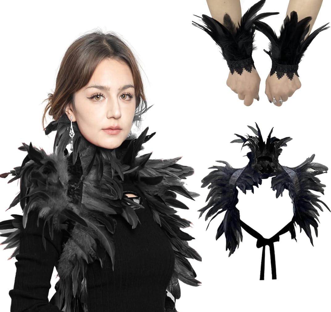 Feather Cape Feather Lace Glove Set Maleficent Costume Gothic Shawl Shrug Collar Plume Wrist Cuffs Shoulder Epaulettes Mardi Gras Fancy Dress Therian Gloves for Halloween Cosplay Party