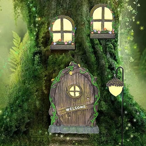 REFORUNG Portas e janelas em miniatura portas de fadas para árvores de jardim brilha no escuro porta de Gnomo para jardim com luz de rua decorações para jardins/árvores/interior