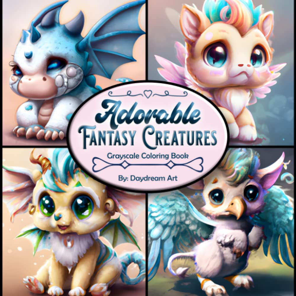Adorable Fantasy Creatures Grayscale Coloring Book: 35 Lovable images to color