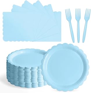 105PCS Light Blue Paper Plates & Napkins Set,7inch Scallope,with Forks | Serves 35, for Birthdays, Garden parties, Baby showers, Picnics, Food-safe, Disposable, Leak-resistant