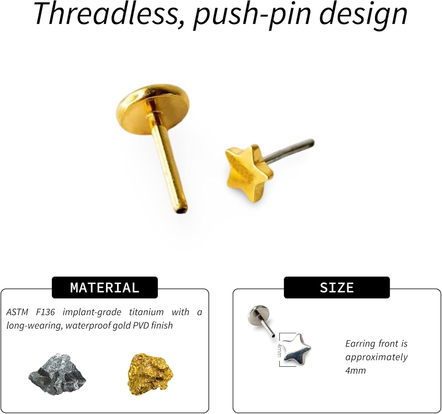 Flat Back Earrings | Hypoallergenic Stud Earrings for Women | Flatback, No-Poke Design | Non-Tarnish, Implant-Grade Titanium Made | Lobe & Cartilage Earrings for Women | Gold & Silver - Image 3