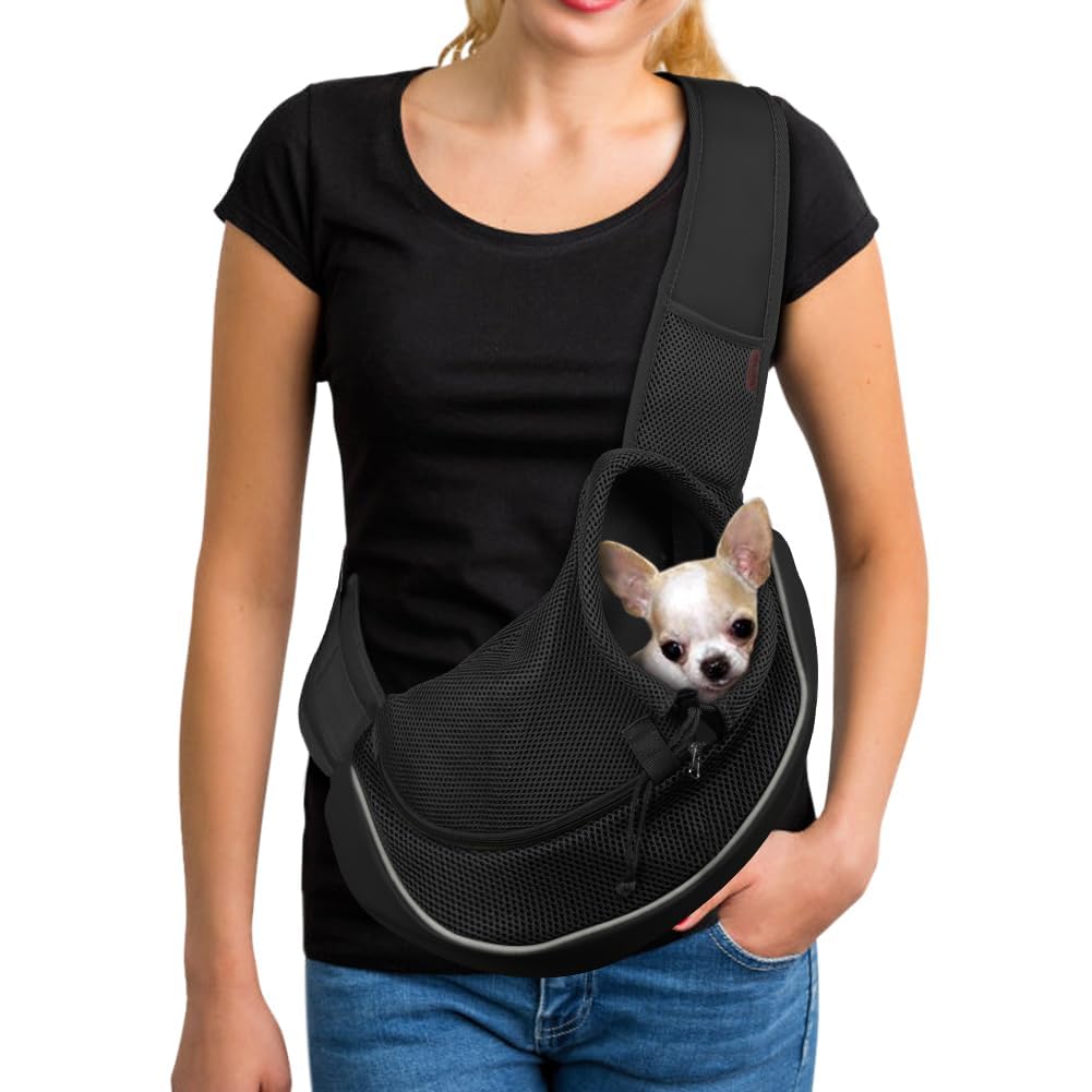 YUDODO Pet Sling Carrier for Small Dogs & Cats – Hands-Free Puppy Carrier with Safety Hook, Large Zipper Pocket, Soft Breathable Mesh, Adjustable