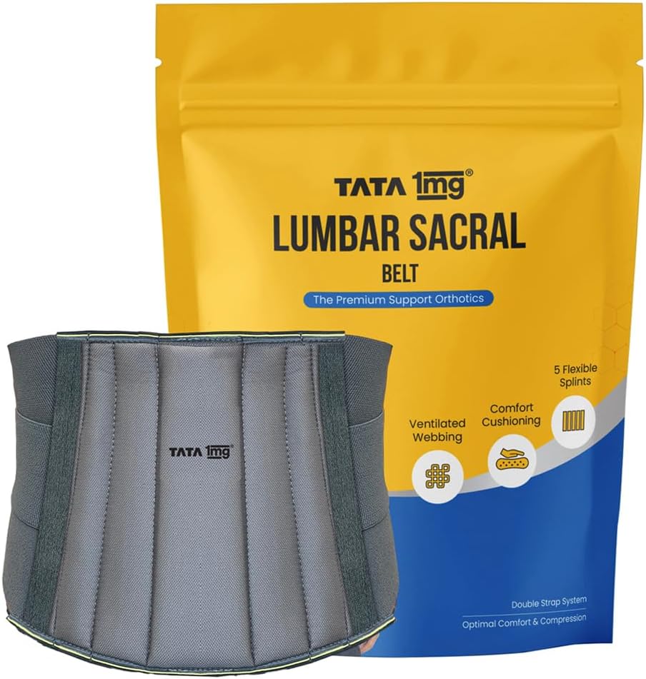 TATA 1MG Lumbar Sacral Belt For Back Sprains, Strains, & Muscle Spasms, Unisex With 5 Flexible Splints for Lower Back Support, XL,Pack Of 1
