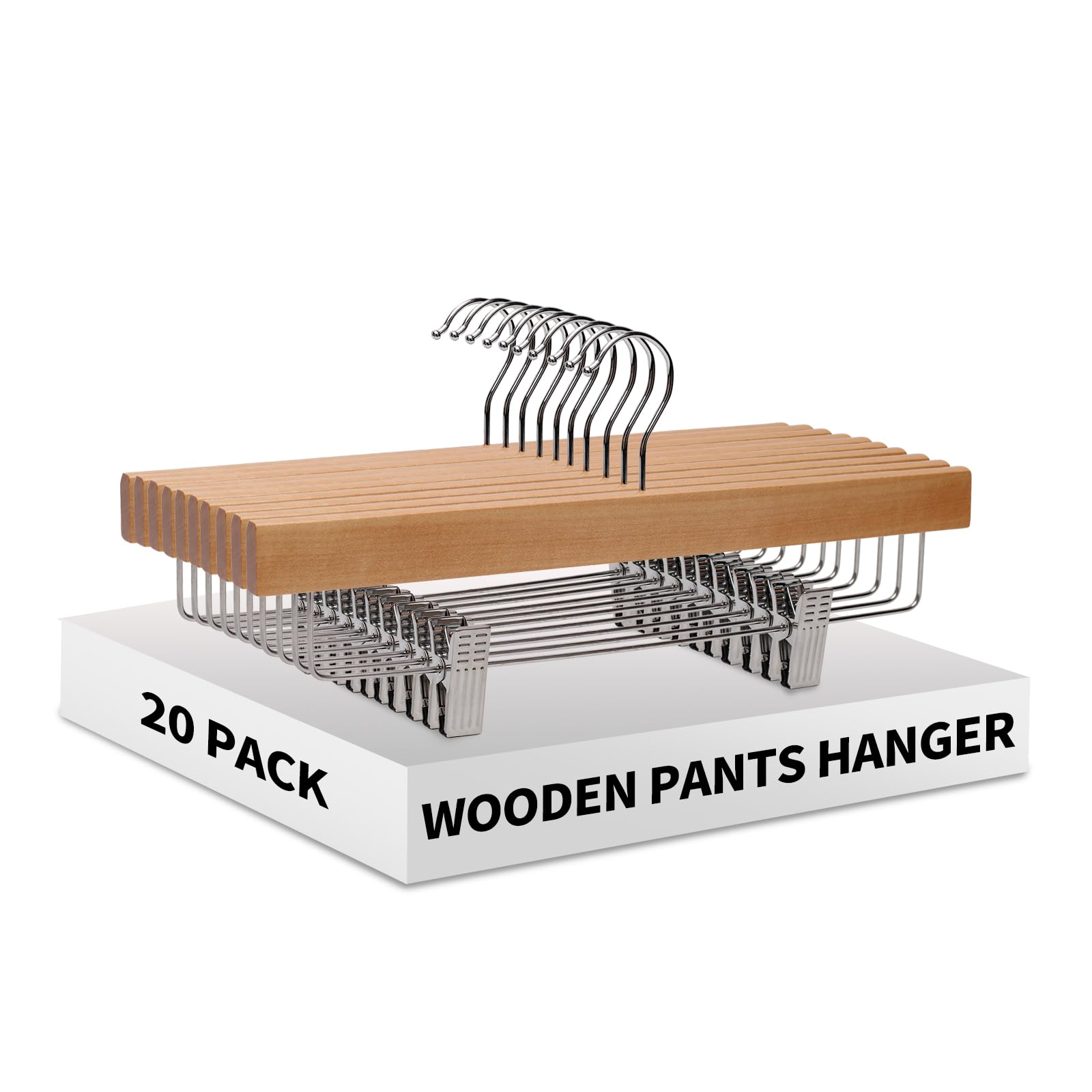 Grucce per pantaloni in legno naturale da 35,5 cm, con clip antiscivolo regolabili, confezione da 20 grucce salvaspazio in legno per gonne, pantaloni e pantaloni, gancio girevole a 360°