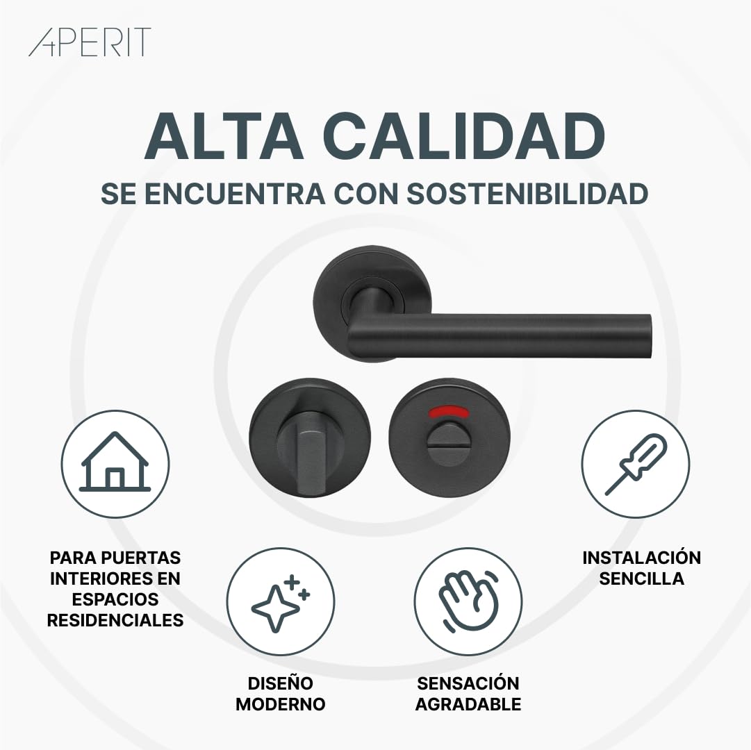 Manilla de Puerta Negra de Acero Inoxidable – Tirador Profesional en Forma de T – EN1906 Clase 3 – Juego de Manillas con Cerradura para Baño – Para Puertas Interiores