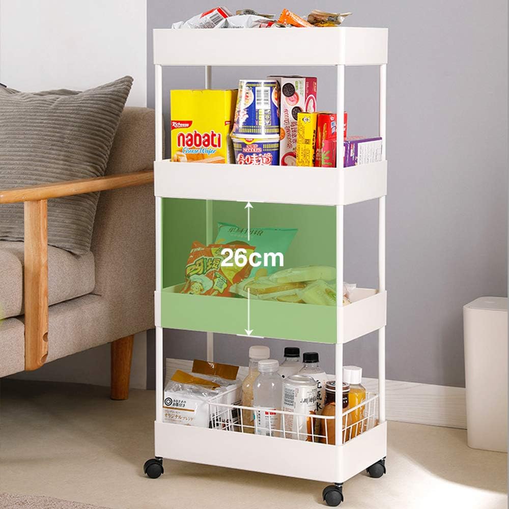 NiDream Bedding 4-Tier Rolling Cart, Utility Storage Cart, Storage Rolling Cart for Kitchen Bathroom Laundry Narrow Places, Plastic & Stainless Steel, White