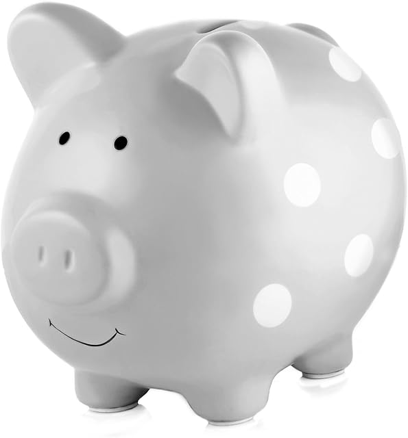Pearhead Large Ceramic Piggy Bank, Keepsake Ceramic Money Box, Polka Dot, Grey, Money Box , Makes a Perfect Unique Gift, Nursery Décor 40106