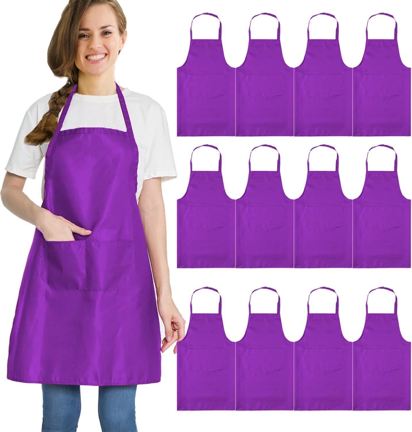 12 pcs Purple Aprons Bulk Waterdrop Resistant for Women Men Kitchen Cooking Grilling Aprons with 2 Pockets (24x28 inch, Purple)…