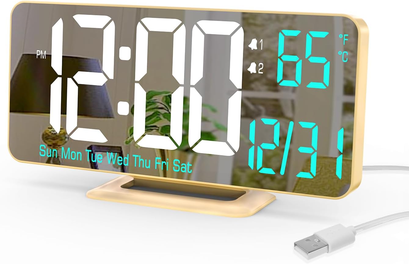 KOSUMOSU Dual Alarm Clock 6 . 7 in Gold Desk Clock with Dimming, 12 / 24 h, Seconds, Date, Day of