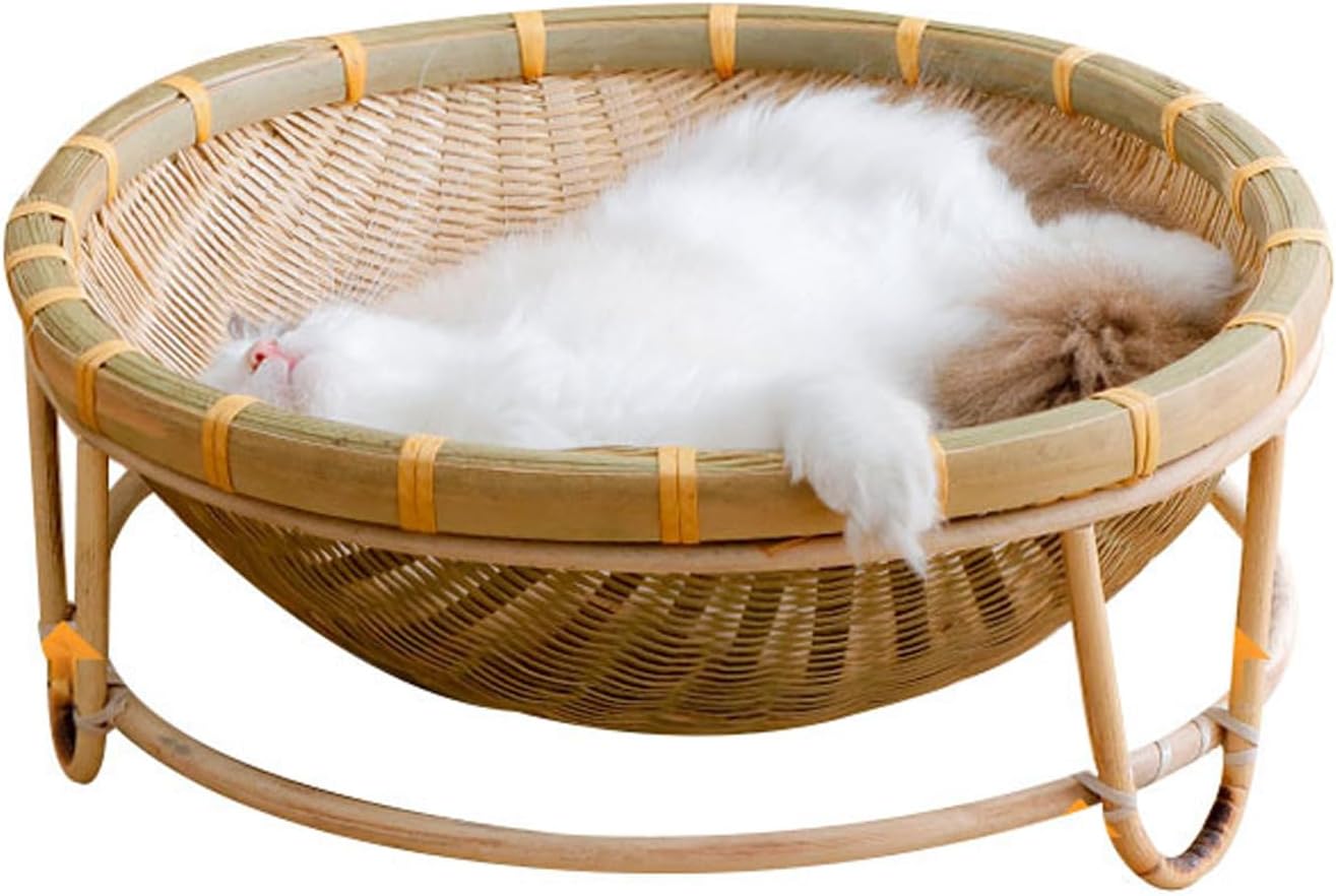 Cat Nest Bamboo Wicker Cat Basket Bed Cats Beds for Indoor Cats, Breathable Cooling Summer Cat House Diameter 35cm