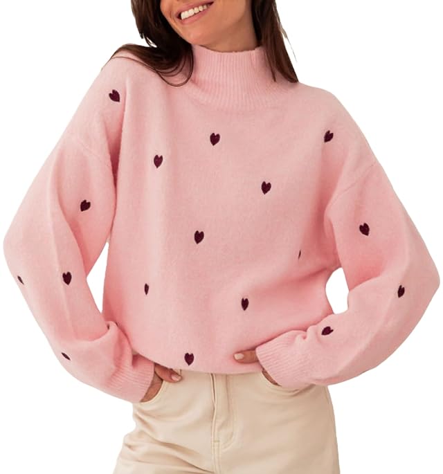 Women Valentine Heart Sweater Embroidered Batwing Long Sleeve Love Heart Sweaters Cute Knit Oversized Pullover Top