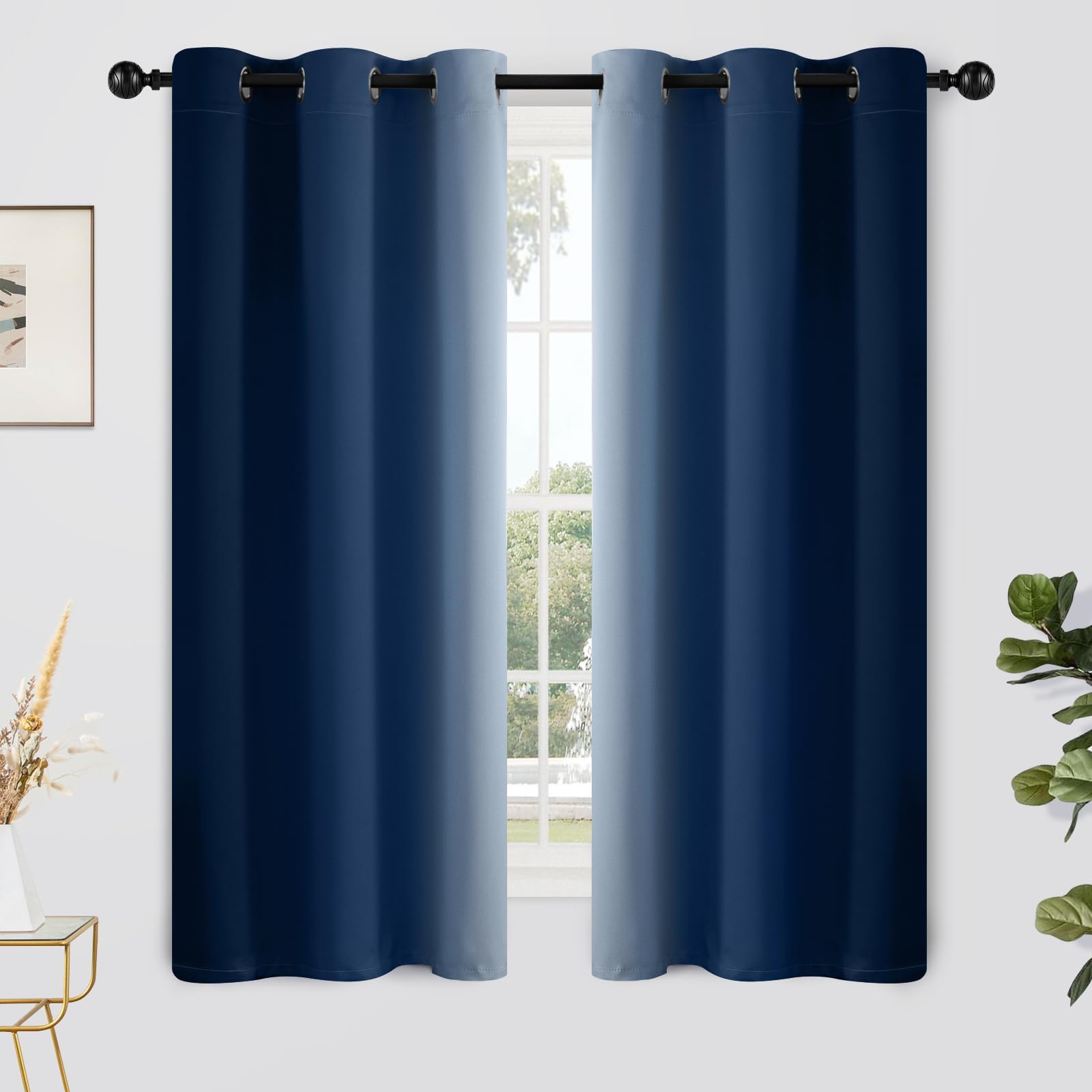 Yakamok Light Blocking Ombre Curtains, Greyish White and Blue Gradient Color Curtains, Room Darkening Grommet Window Drapes for Bedroom(Blue, 42x63 Inch, 2 Panels)
