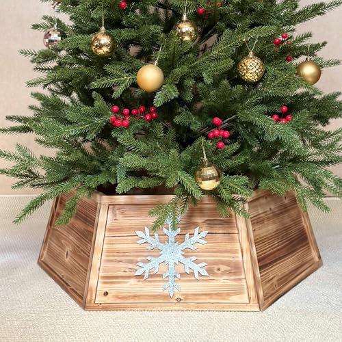 KeVerilive Wooden Tree Collar,28.7" Snowflake Christmas Tree Base Cover, Hexagon Natural Wood Christmas Tree Box Stand,Farmhouse Rustic Tree Collars for Artificial Trees