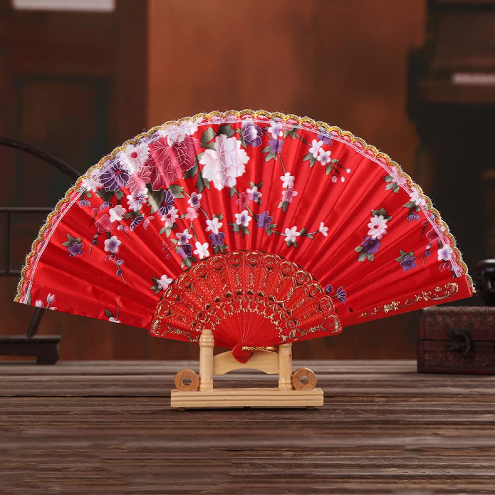 NZPOST Folding Fan Handheld, Red Silk Fans Exquisite Floral Oriental Cloth Fabric Folding Fan Large Handmade Spanish Fans Folding Hand Held Fans