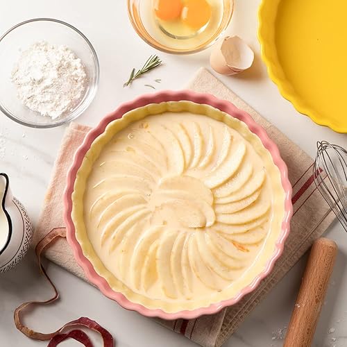 Miniatura 8 de Sweejar Molde de cerámica para hornear, plato redondo de 9.5 pulgadas con flecos ondulados, plato antiadherente para pastel de calabaza, pastel de