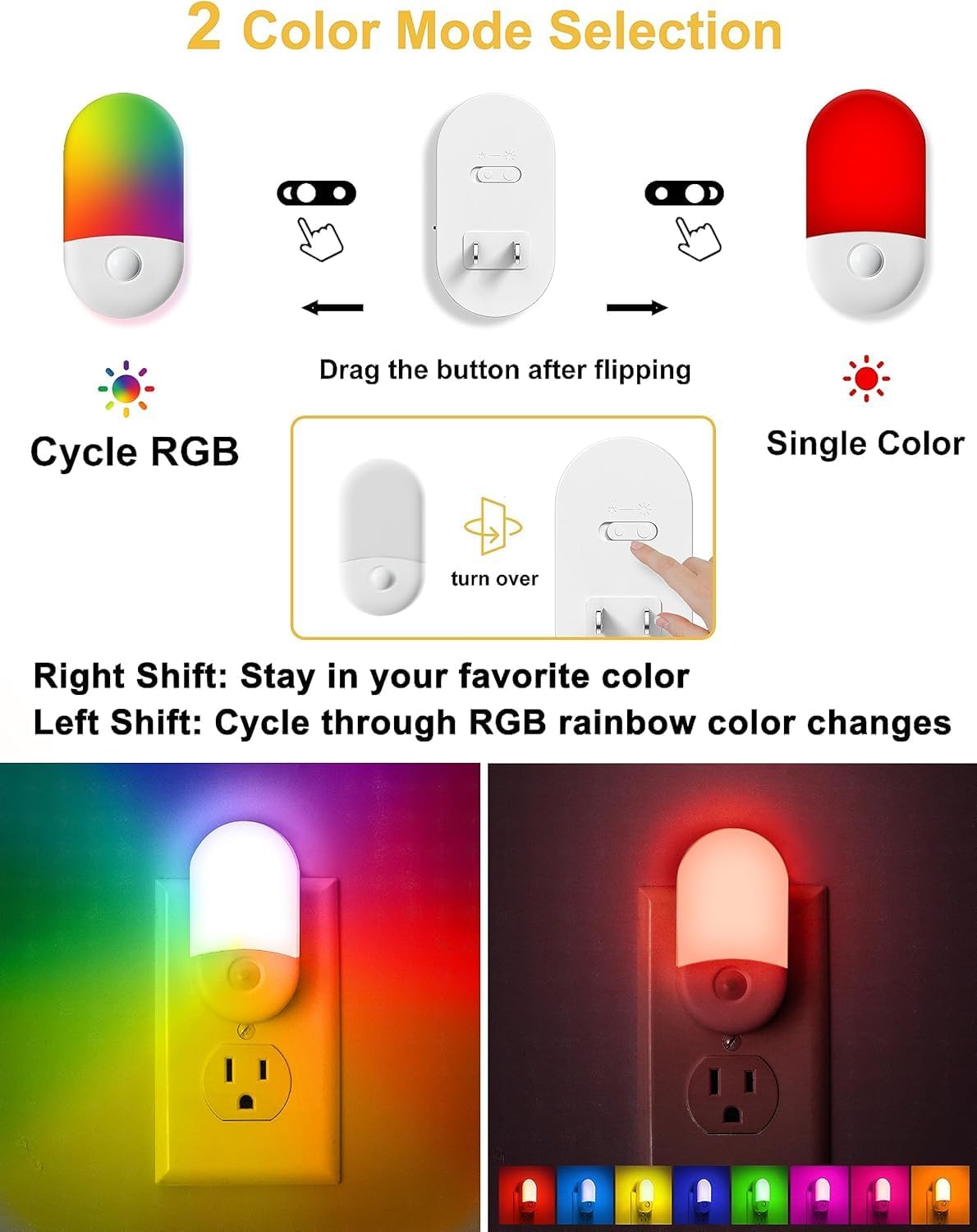 Pacote com 2 lâmpadas noturnas de LED RGB, luzes noturnas que mudam de cor conectadas à parede com sensor de luz para decoração de banheiro, quarto, presente