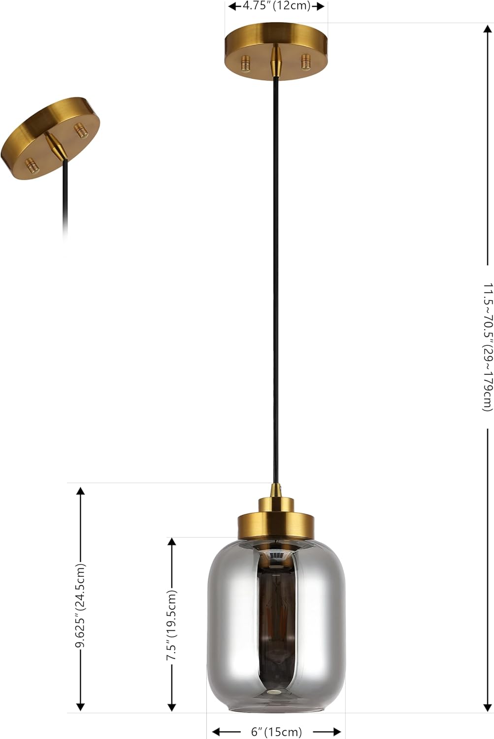 SAFAVIEH Lighting Collection Ethyx Smoke Grey/Brass Adjustable Pendant Hanging Light Fixture, Ideal for Dining Room, Kitchen Island, Entryway (LED Bulb Included)