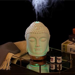 Buddha Essential Oil Diffuser - Aromatherapy Diffusers for Essential Oils - White Ceramic Diffuser Buddha Head Humidifier with 4 Timer & 7 Color Night Light Settings and Auto Off Function