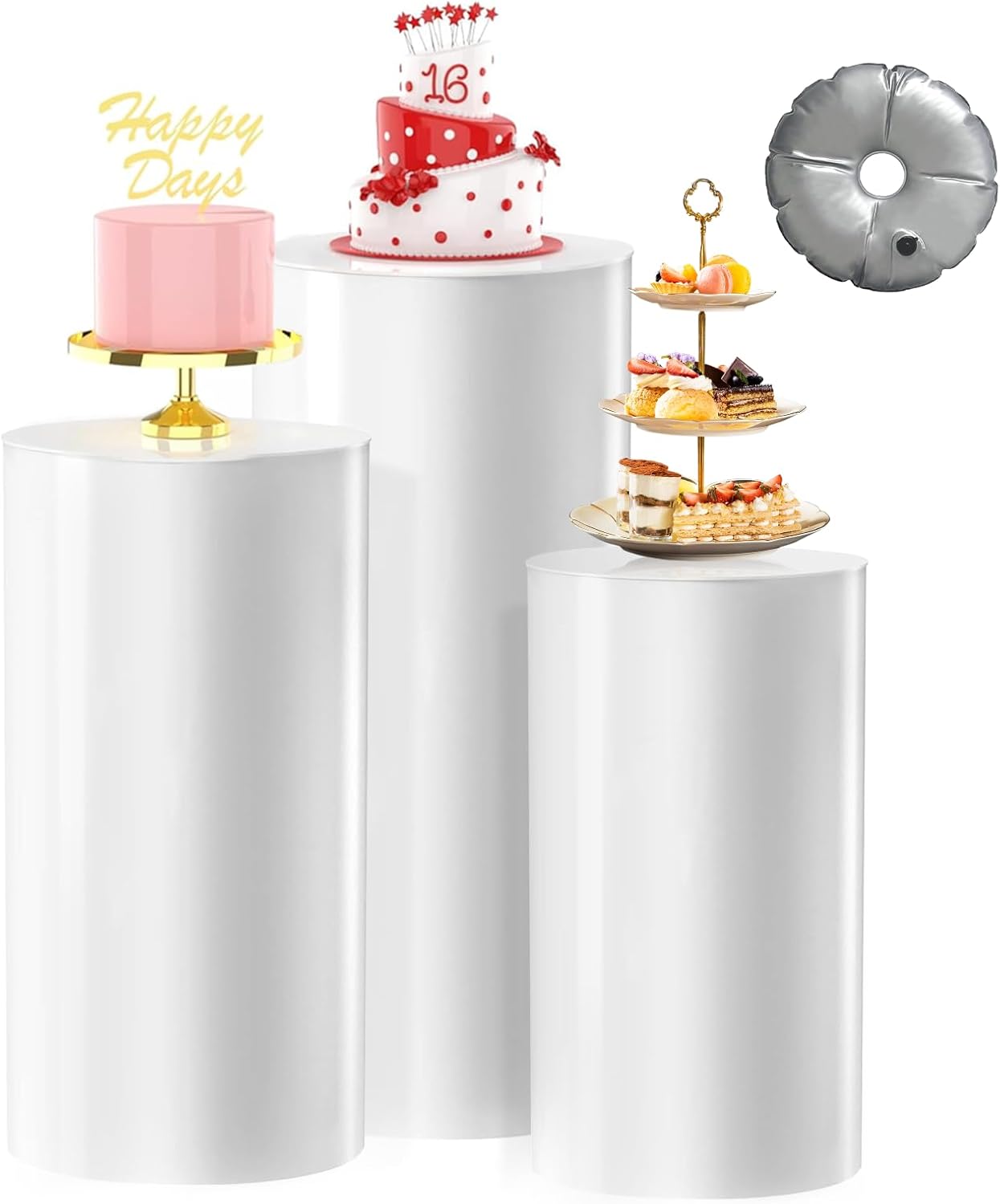 [Upgrade Thickened] Cylinder Pedestal Stands for Party 3PCS, Large White Cake Pedestal Stand with Weighted Water Bag, Round Cylinder Tables for Wedding , Birthday, Party Art Decor, Floral Arrangements