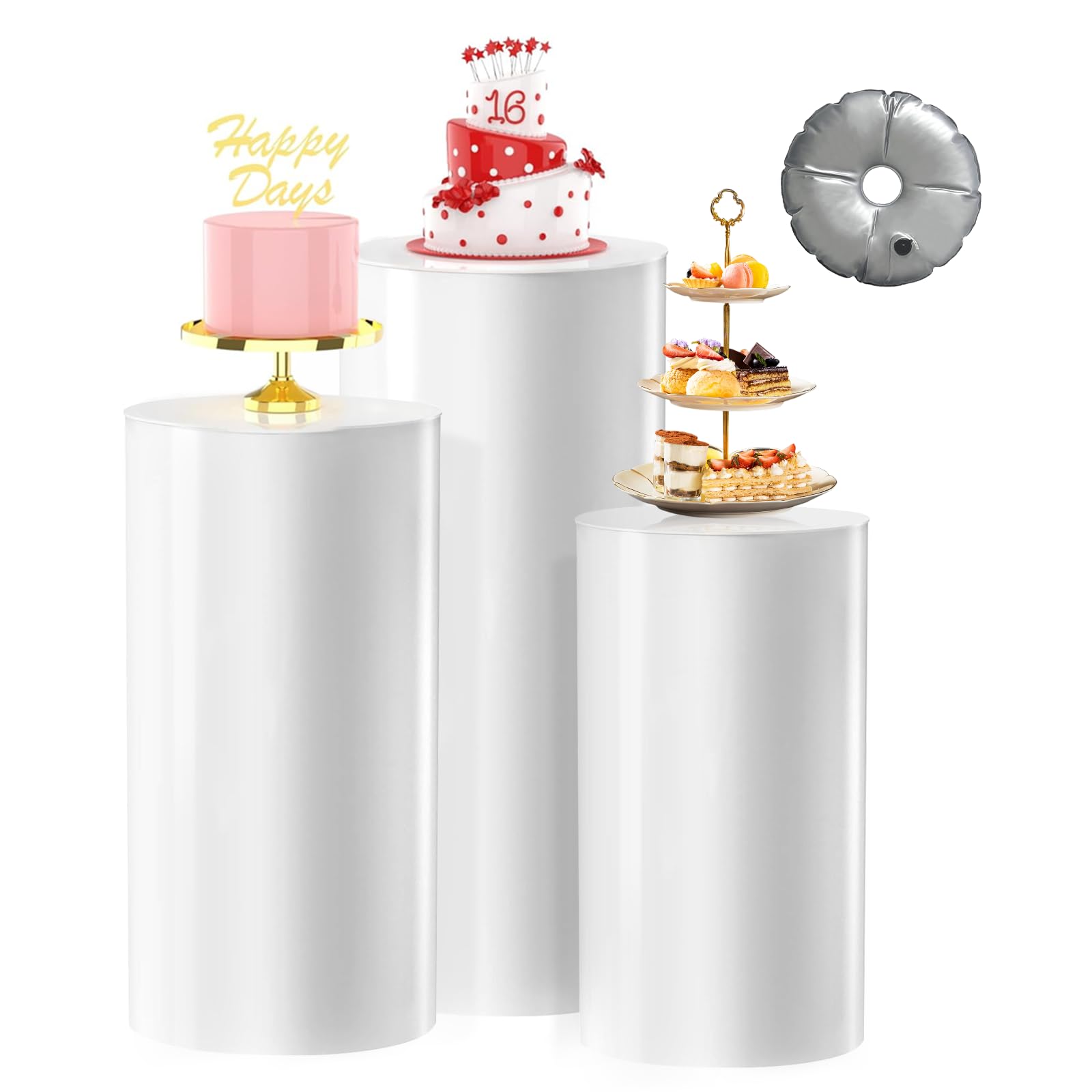 [Upgrade Thickened] Cylinder Pedestal Stands for Party 3PCS, Large White Cake Pedestal Stand with Weighted Water Bag, Round Cylinder Tables for Wedding , Birthday, Party Art Decor, Floral Arrangements